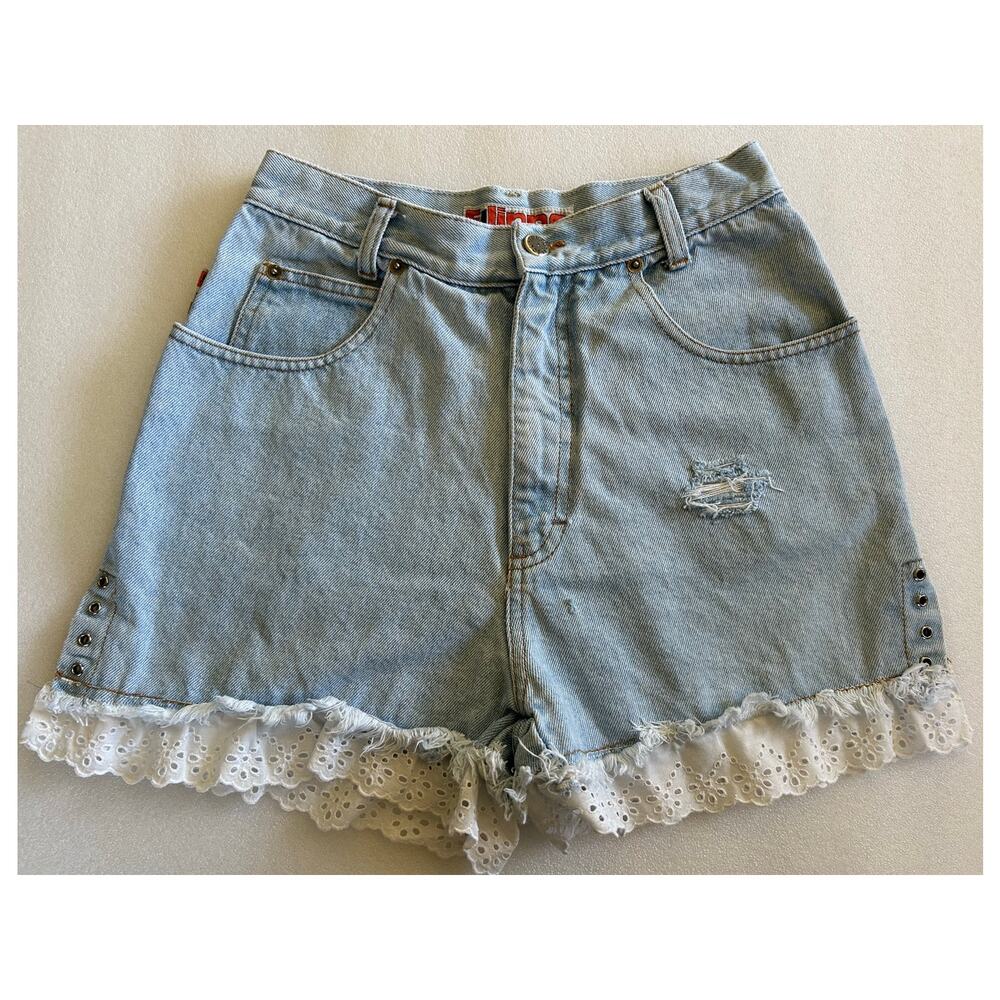 Vintage 90s Distressed Light Wash Denim High Rise Mom Shorts Size S Lace Hem